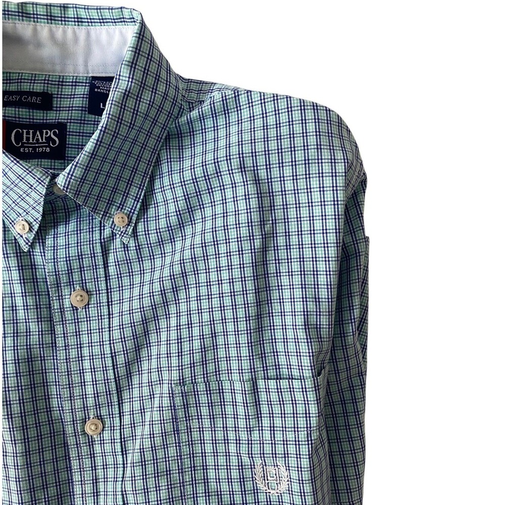 Chaps‎ Plaid Button Down Shirt Short Sleeve Easy Care Blue Green Large EUC Nice